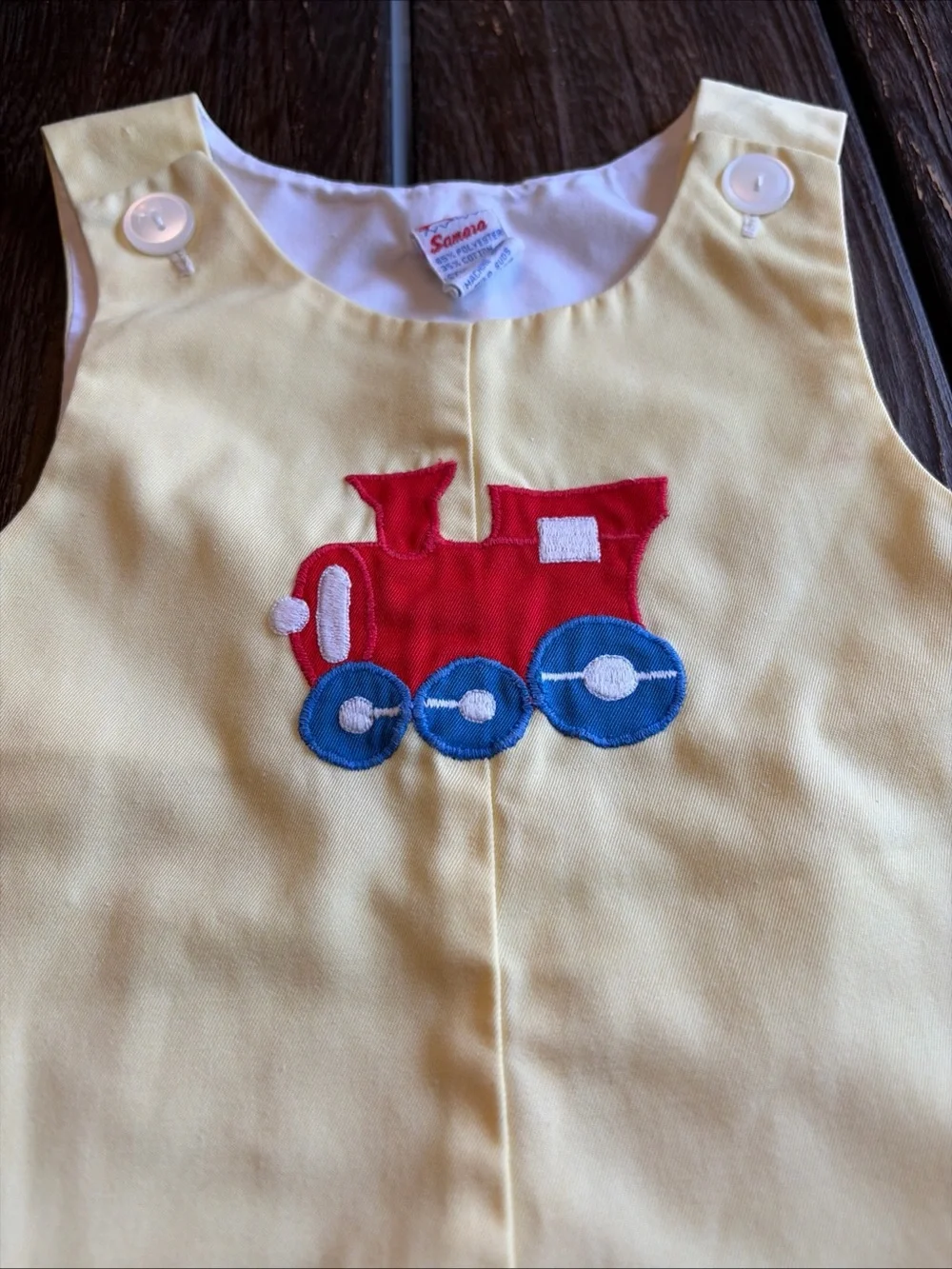 Samara Vintage Baby 6-9 M Yellow Red Train Shortall Romper Baby Retro One Piece